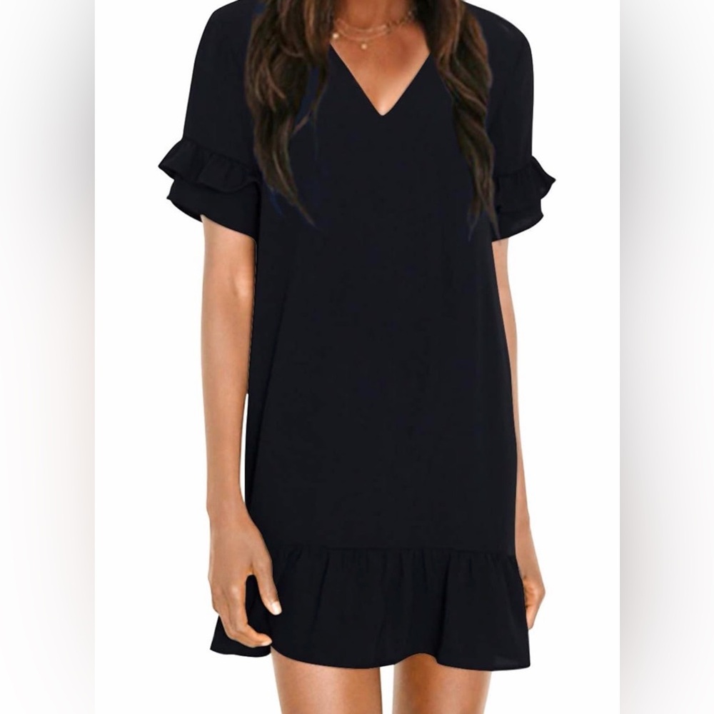 ZANZEA Black V-Neck Ruffle Hem Mini Dress Medium Casual Shift Flowy Summer